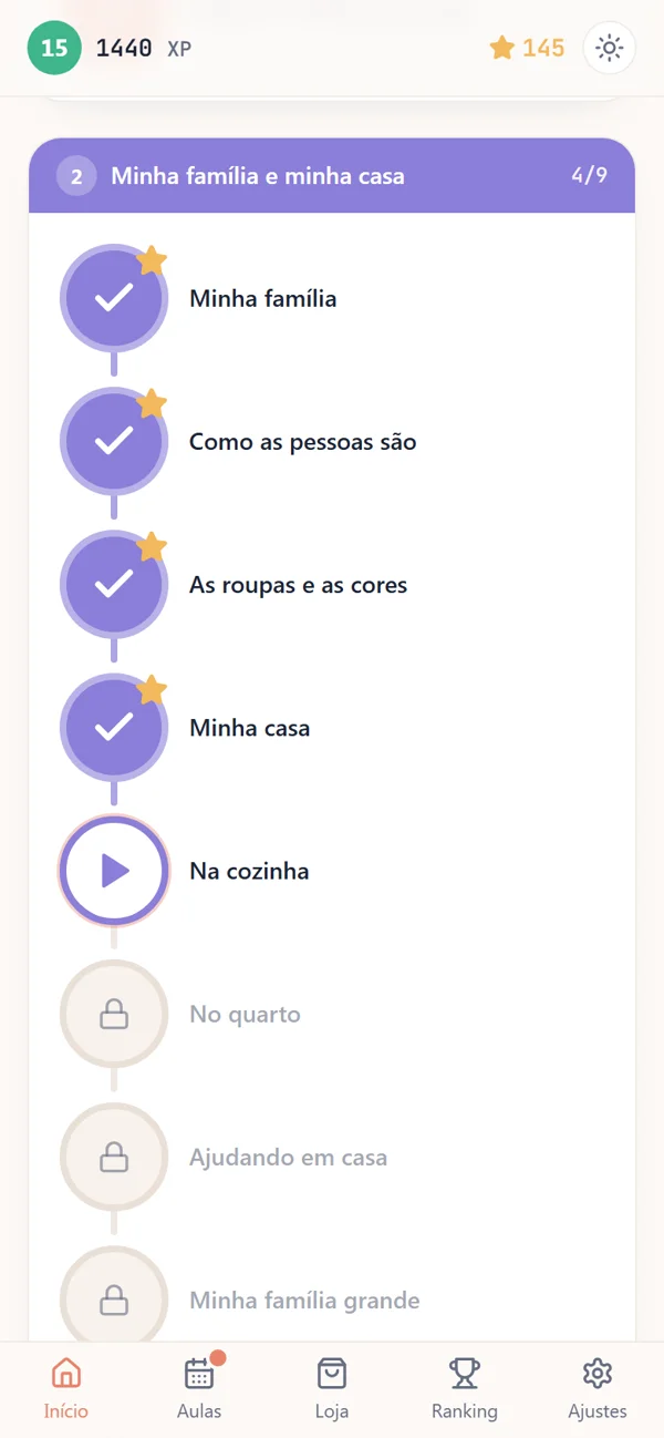 Tela do app do Nex com a trilha de lições da unidade Minha família e minha casa